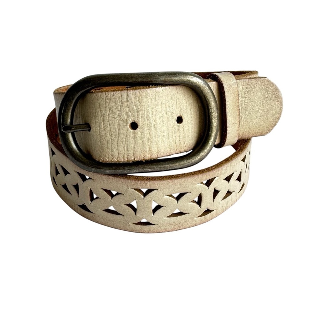 Vintage Statement Belt Y2K Cream‎ Leather Perforated Cutout Coastal Womens Large